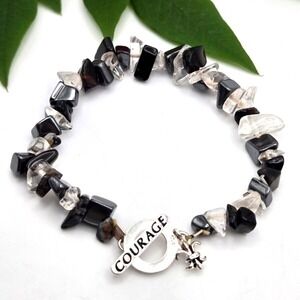Hematite and Quartz Chip "Courage" Stretch Bracelet With‎ 925 Silver Clasp